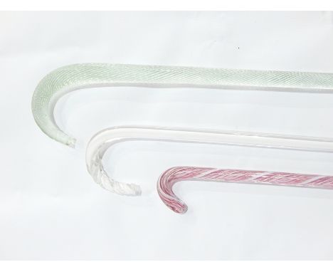 Old aqua glass walking stick, spirally twisted, white opaque and clear glass walking stick and a candy pink and white opaque 