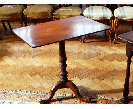 19th century mahogany rectangular tilt top side table, with turned pedestal supports and tripod legs, length 72cm