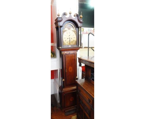 Early 19th century longcase clock with swan neck pediment, engraved brass dial and moonphase, satinwood fan inlays, the box b