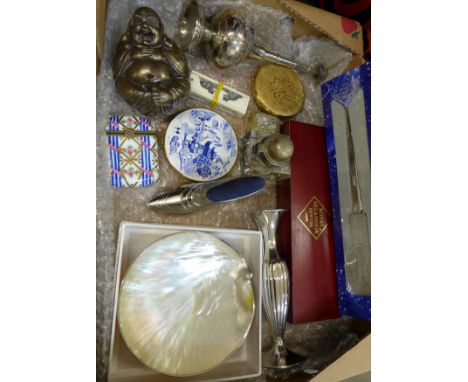 A silver bud vase, miniature set of bone dominoes and compacts, pin cushion, compact, etc.