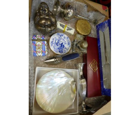 A silver bud vase, miniature set of bone dominoes and compacts, pin cushion, compact, etc.