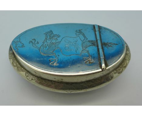 A white metal snuff box, makers initials only, with dragon decoration