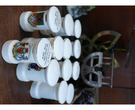 Two sets of postal scales and twelve crested china pillar boxes