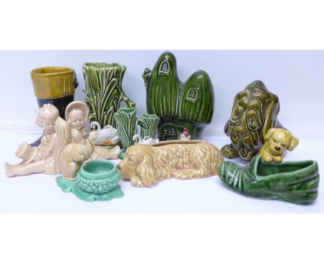 Eleven items of novelty Sylvac pottery, Sylvac 5103 dog money bank, 4790 pixie house vase, 730 pair of salt and pepper pots, 