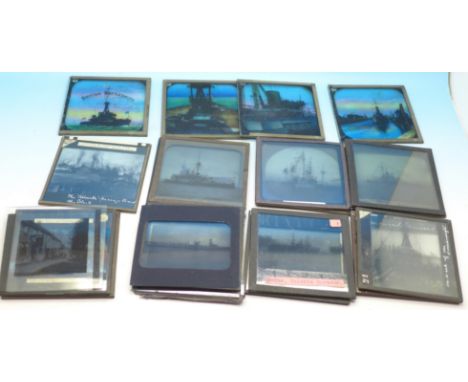 A box of fifty-five magic lantern slides mainly Royal Navy and some German U-boat 