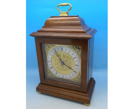 A Garrard 8-day burr walnut mantel timepiece, 618 stamped to base, boxed with key, 24.5cm