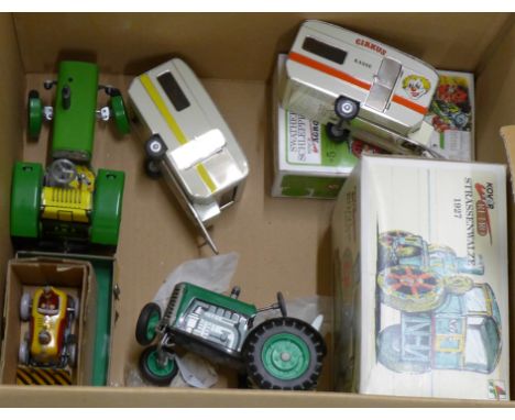 Three Kovap tin plate tractors and trailers, (two boxed), a Kovap tin plate road roller, boxed, three Lanz bulldog 4016 tract