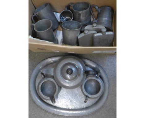 A Civic hammered pewter tea service and tray and 19th Century pewter tankards, hip flasks, etc.
