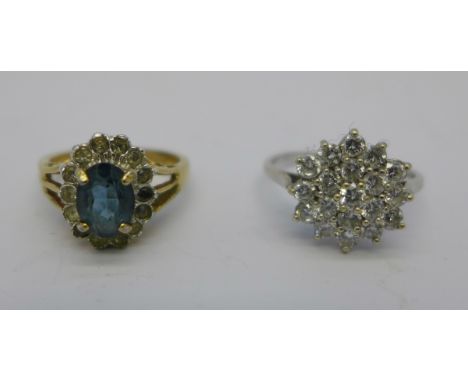 A 9ct white gold cluster ring, 2.9g, R and a blue stone set ring lacking stones, L