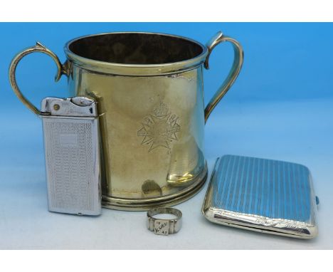 A plated banqueting sugar basin with Sherwood Foresters badge, a plated cigarette case, a lighter and a ring marked Algieri 1