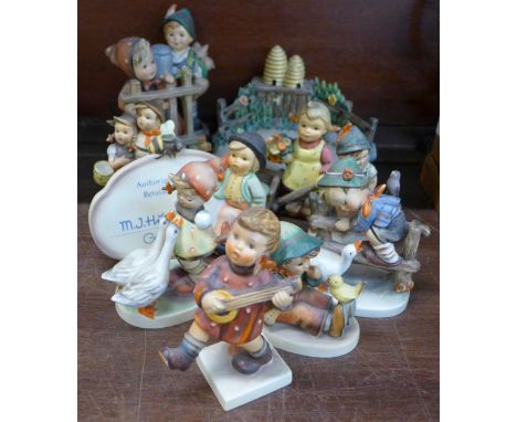 Eleven Goebel/Hummel figures; an Authorised Retailer plaque, For Father, Signs of Spring, Surprise Visit, some a/f