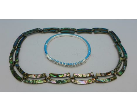 A Mexican silver necklace and a bangle set with white stones