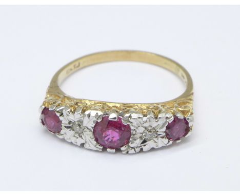 A 9ct gold, ruby and diamond ring, 2.6g, M