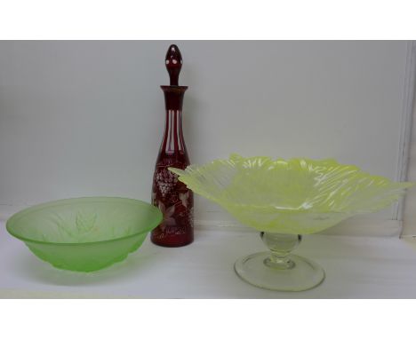 A Murano glass dish, a green pressed glass bowl and a ruby glass decanter