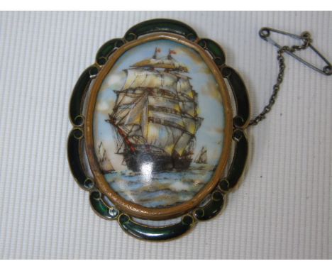 Boat decorated enamel framed oval brooch by TLM