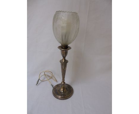 Hallmarked silver table lamp with etched glass shade