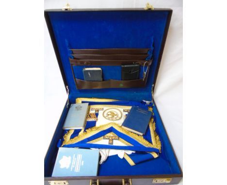 Leather masonic case containing books, apron sash, medal etc