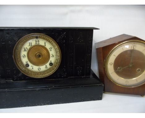 Walnut cased mantle clock together with a cast metal Victorian mantle clock