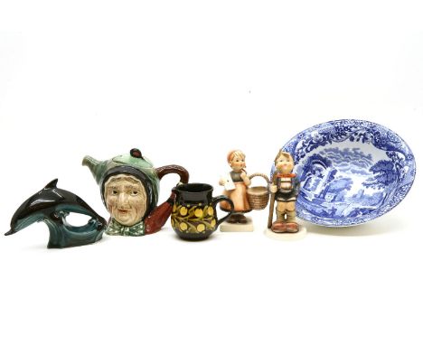 A quantity of decorative china and glass, to include a Beswick character tea pot, an Imari dish, a Poole Dolphin etc