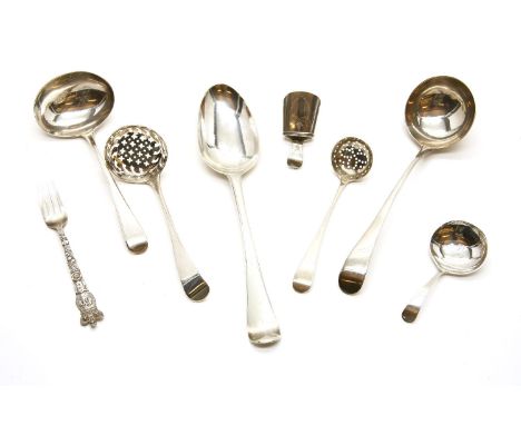 A collection of George III and later silver flatware, to include a Dublin serving spoon, a caddy spoon, 1763, two ladles, two