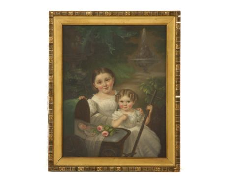 Swiss School, c.1840PORTRAIT OF TWO SISTERS, THEIR DOLL IN A PRAM IN FRONTOil on canvas43cm x 34cm