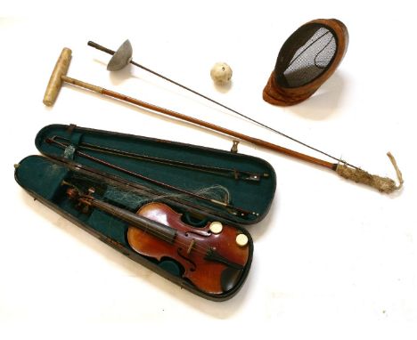 A fencing foil and mask, together with a polo stick and ball and a cased violin