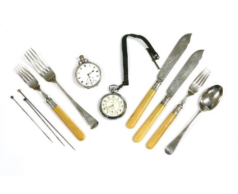 A sterling silver top wound open faced pocket watch, white enamel dial and Arabic numerals, a chrome Ingersoll Ltd London Tri