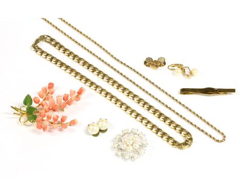 A gold rope chain necklace marked 9k, tested and valued as 9ct gold, 13.91g, a cultured pearl circular cluster brooch pendant