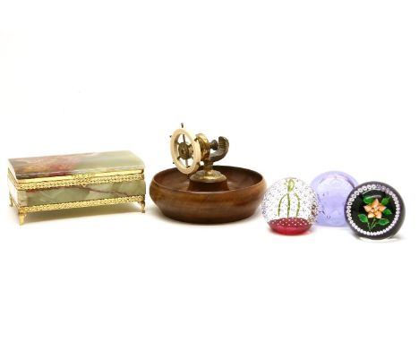 A group of three Caithness paperweights, together with Dartington and Mats Jonasson intaglio paperweights, an onyx casket, a 