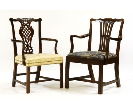 A Chippendale design mahogany elbow chair, the pierced splat above stuffover seat on square section supports 94cm high, toget