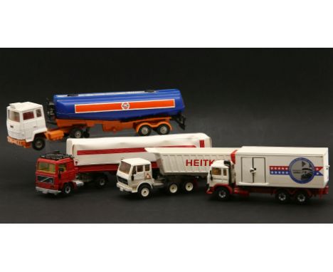 A Corgi die cast model of a Ford Gulf tanker, together with a Siku dumper truck in Helt Kamp livery and a Siku Volvo F10 Turb