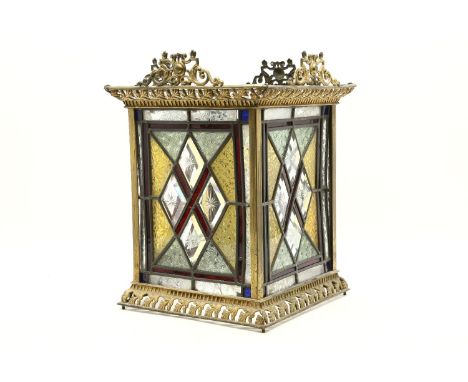 A Victorian gilt metal and coloured and etched glass hall lantern
