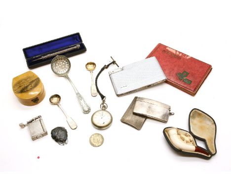 A curved meershaum pipe together with two silver card cases, a silver propelling pencil and other similar