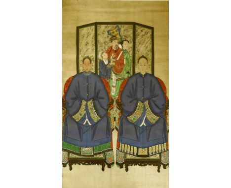 A large Chinese hanging scroll,20th century, depicting ancestor portraits of two elderly ladies wearing blue robes, seated in