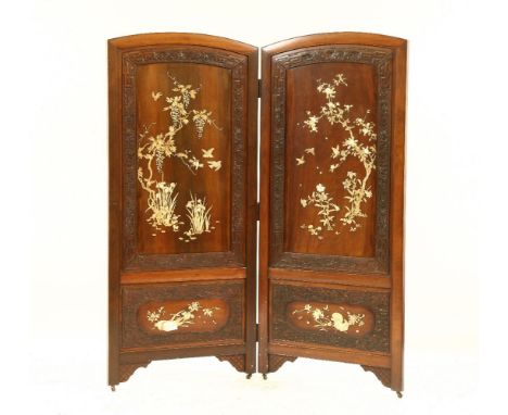 A late 19th century Japanese padouk wood and shibyame two fold screen, each panel having ivory and mother of pearl inlaid pic