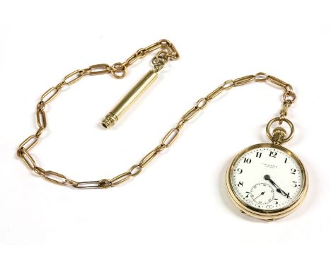 A 9ct gold top wound open faced pocket watch, white enamel dial, signed J W Benson, London, Arabic numerals, subsidiary dial,