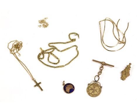 A 9ct gold T-bar with a 9ct gold St John Ambulance medallion, 12.19g, a 9ct gold square section braided curb chain (damaged),