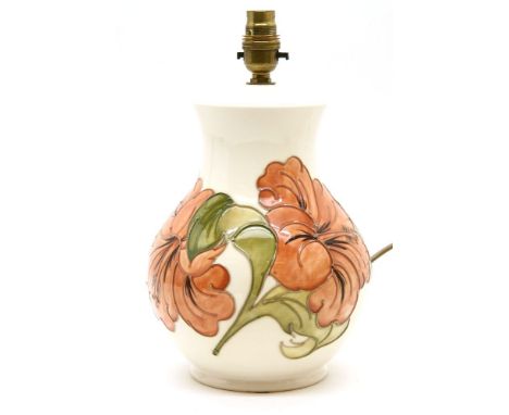 A Moorcroft Hibiscus pottery table lamp base,  with a modern shade, 44cm overall