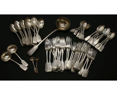 A Victorian matched set of fiddle pattern cutlery, London 1853, 1864, 1892 and 1893, comprising twelve table forks and four m