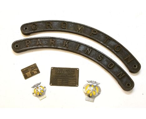 A pair of Crompton Parkinson engine name plates, each with a further specification plate and two AA car badges (6)