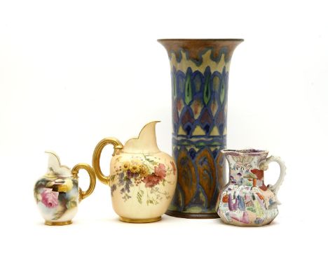 A Royal Worcester blush ivory wall pocket and matching ewer, a Doulton vase of cylindrical form, with bold geometric decorati