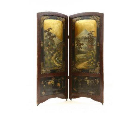 A Japanese lacquered two fold screen, with raised work and painted panels, 60 x 141cm each panel
