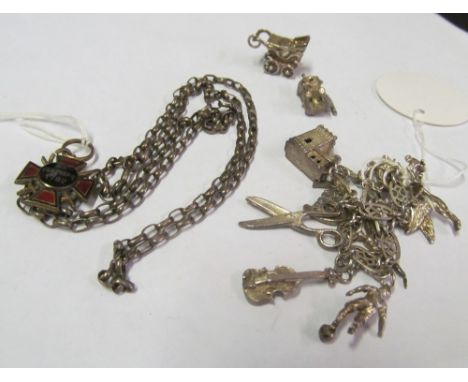 An enamel Military Cross 22 CEHTA5 PQ 1782 on silver chain, silver charm bracelet and loose charms