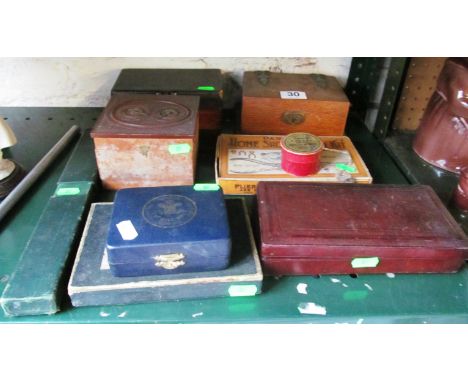 A Victorian chalk drawing set presented as a prize, Paragon Home Shoe button kit, slide rule and various boxes