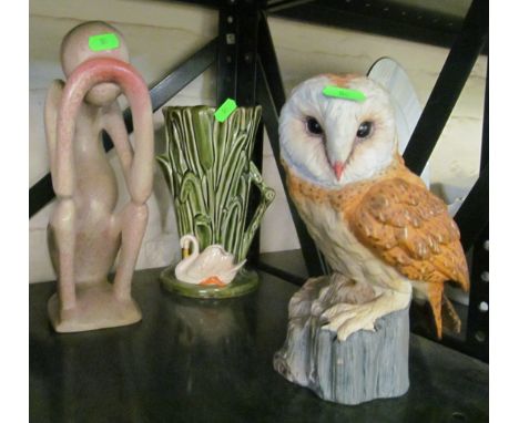 A Poole dolphin, SylvaC vase, owl and two modern sculptures