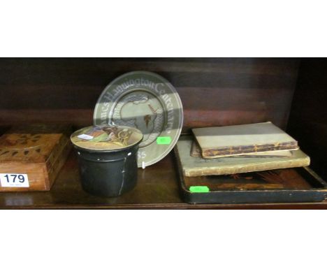 A lacquer table lamp, tray, two boxes, pot lid (a/f), two books et cetera