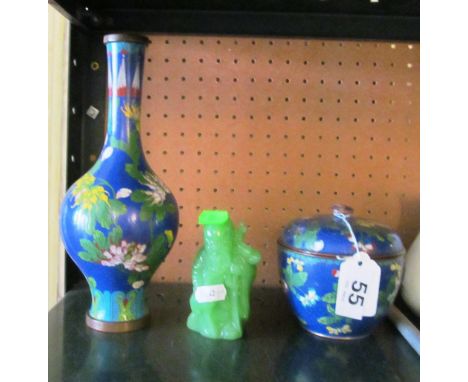 A cloisonné vase, lidded bowl and jade style figure