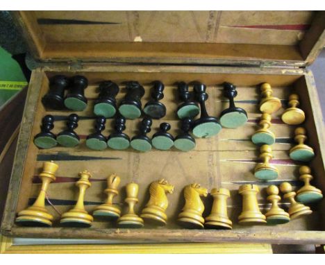 A chess set (1 1/2 black pawns deficient) and mixed chess pieces