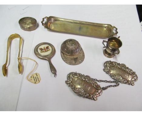 A silver tray, miniature trophy cup, two wine labels, jockey set, silver gilt tongs et cetera