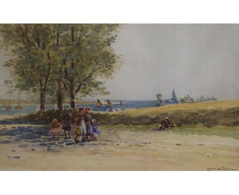 ROBERT WEIR ALLAN RSA, RWS, RSW (SCOTTISH 1852-1942) CHILDREN AT MONTROSE Watercolour and gouache, signed, 27 x 44cm (10 1/2 